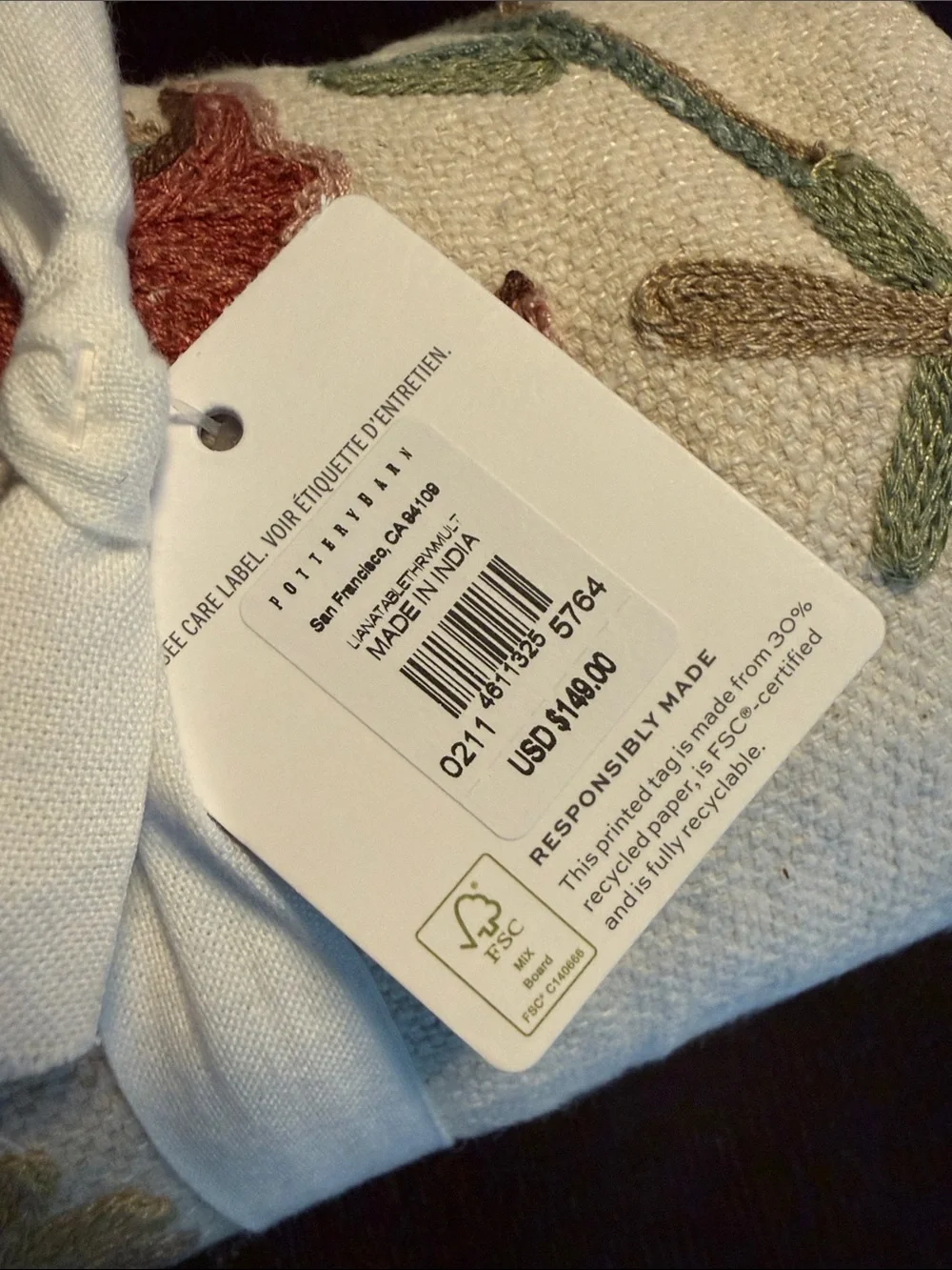 Pottery Barn Liana Crewel Embroidered Cotton/Linen Table Throw NWT 50” x 50”